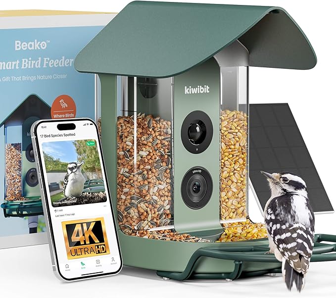 Beako™ Smart Bird Feeder with 4K Camera Solar Powered for Outdoors - Ultra HD Live Stream, Enhanced AI Identification 10,000+ Bird Species, Real-Time Motion Detection, Easy Setup & Refilling