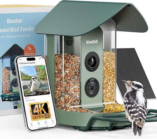 Beako™ Smart Bird Feeder with 4K Camera Solar Powered for Outdoors - Ultra HD Live Stream, Enhanced AI Identification 10,000+ Bird Species, Real-Time Motion Detection, Easy Setup & Refilling