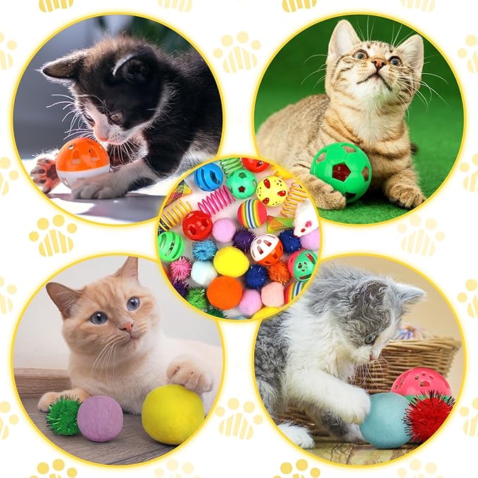 Kitten Toys, 60PCS Cat Balls Springs Toy Set, Cat Mouse Toy, Kitten Sparkle Crinkle Balls Furry Soft Pom Pom