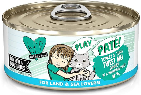Weruva B.F.F. Play - Best Feline Friend Paté Lovers, Aw Yeah!, Turkey & Tuna Tweet Me! with Turkey & Tuna, 5.5oz Can (Pack of 8)