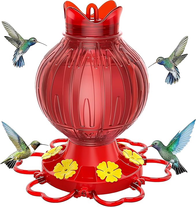 Hummingbird Feeders for Outdoors Hanging with Leak-Proof Base - 28oz Large Capacity Shatter-Resistant Hummingbird Feeder, Bottom Fill Wide Mouth Design & Ant/Bee Guards - Garden Decor (Red)