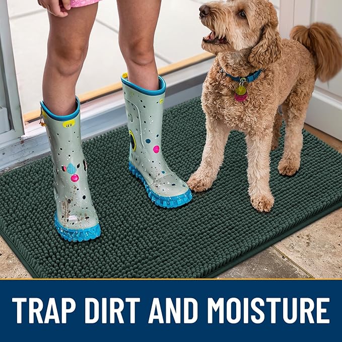 Smiry Dog Door Mat for Muddy Paws 36x24, Absorbs Moisture and Dirt Doormat, Non-Slip Washable Quick Dry Chenille Front Door Mat Indoor Entrance, Entryway Carpet for Inside Floor, Green