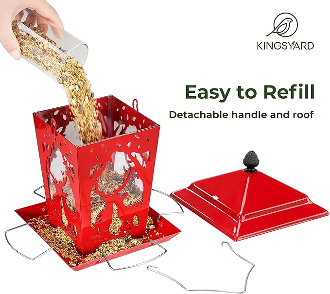 Kingsyard Metal Bird Feeder for Outdoor Hanging - Unique Design Wild Bird Hopper Feeder with 4 Perches and Rainproof Roof, Red