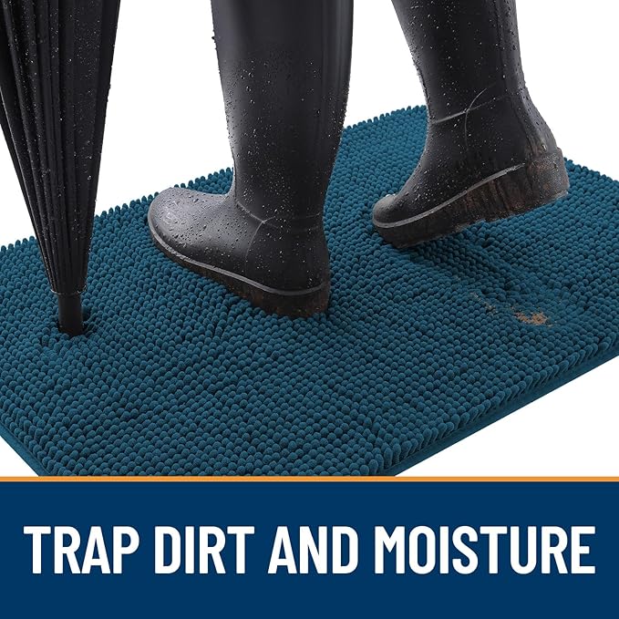 OLANLY Dog Door Mat Set 4-Piece 24x16, Absorbs Moisture and Dirt, Absorbent Non-Slip Washable Doormat, Quick Dry Chenille Mud Mat for Dogs, Entry Indoor Entryway Carpet for Inside Floor, Atlantic Blue