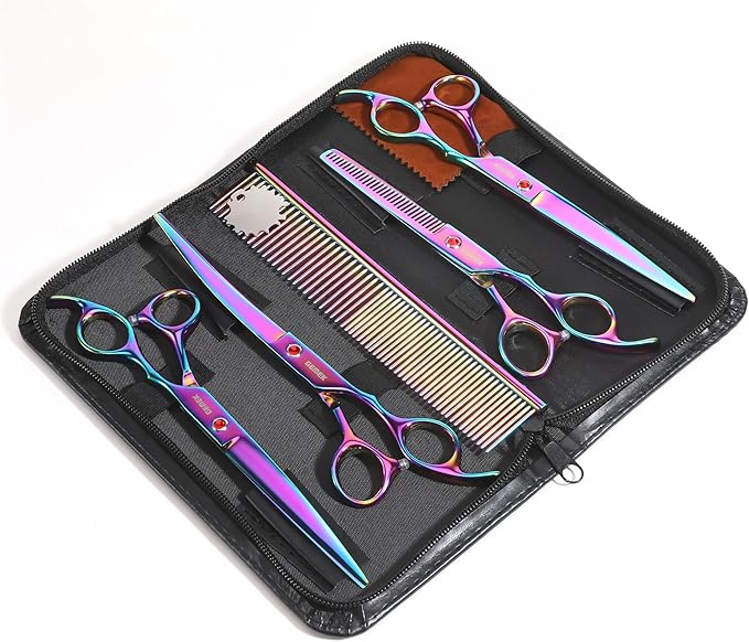 7.0in Titanium Professional Pet Grooming Scissors Set, GEMEK 6 in 1 Straight & Thinning & Upwards Curved & Downwards Curved Scissors & Comb for Dogs, Cats (Rainbow)