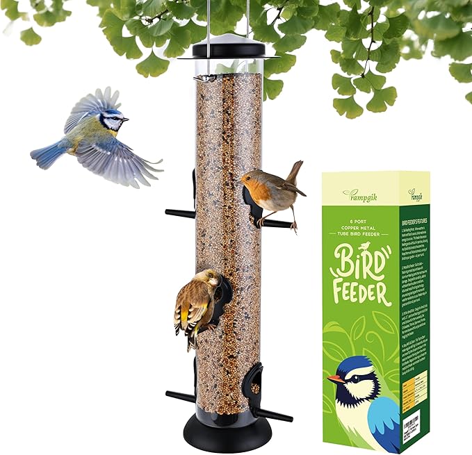 Bird Feeders for Outdoors Hanging,Finch Feeders for Outside,Chew-Proof Hanging Bird Feeder,Rust-Proof Birdfeeder,Squirrel Proof 6 Ports Metal Bird Feeder,14 Inch,1 Pack,Black