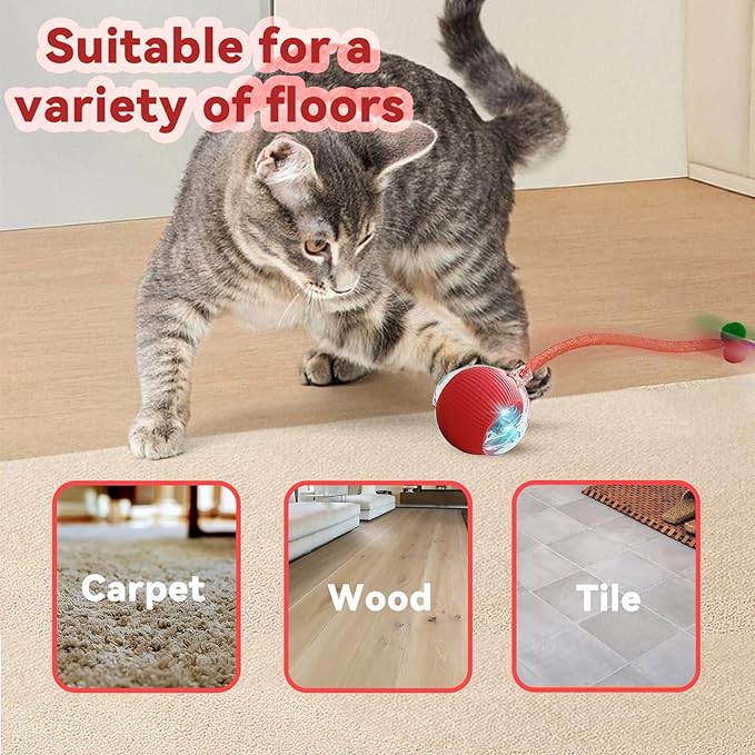 Interactive Cat Toys for Indoor Cats, Automatic Cat Toy with Elastic Mesh Tail, Electric Rolling Ball on Carpet, Chirping and Motion Activate Cat(Grey)