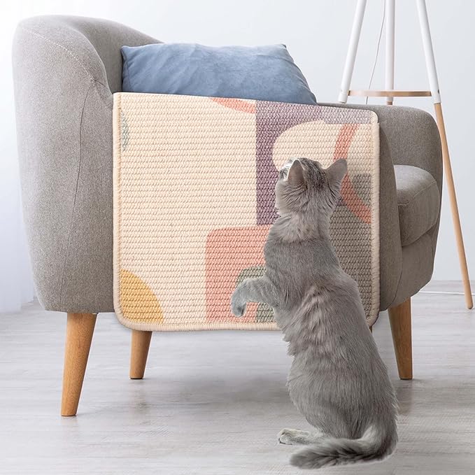 SCRATCHABLE Sisal Cat Scratcher, [+ Catnip Fish Toy], Cat Wall Scratcher, Couch Protector from Cat Scratching, 24 X 15.8 with 12 Adhesive Velcro Stripes. (Modern)