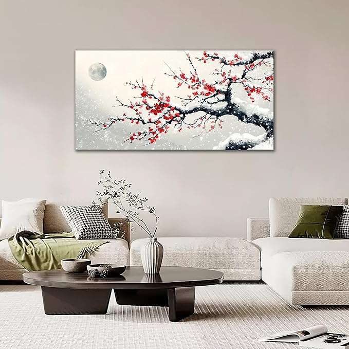 Large Flower Blossom Wall Art Snow Winter Canvas Living Room Chinese Floral Pictures Framed Prints Oversize Japanese Wall Decor Painting Artwork for Bedroom Dining 60"x30"