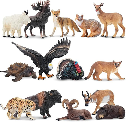 Toymany 14PCS Mini North American Forest Animals Figurines, Realistic Jungle Animal Toys Includes Elk Pronghorn Jaguar Gey Fox for Kids Adults Toddlers