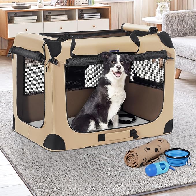Petprsco Portable Dog Crate - 32"x23"x23" Collapsible Dog Travel Crate for Medium/Large Dogs with Soft Blanket, Foldable Bowl & Poop Bag Dispenser - Indoor & Outdoor Use