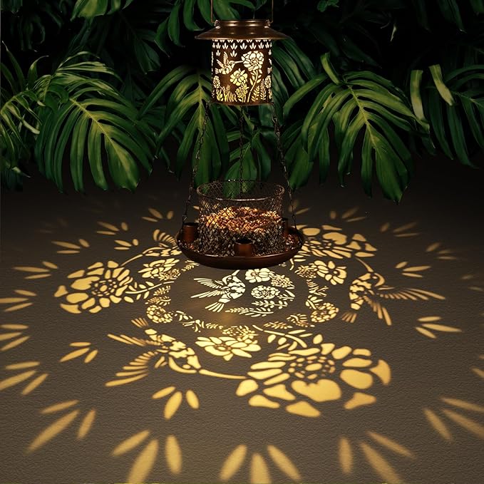 Hummingbird Solar Bird Feeder for Outdoor Hanging Gifts for Women Mom Grandma Metal Wild Birdfeeder Garden Lantern Decor Lanterns Outside for Yard, Patio, Lawn, Pathway, Landscape