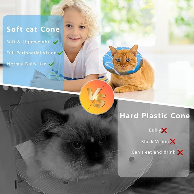 Cat Cone Collar Soft, Adjustable Cat Recovery Collar Kitten Cones to Stop Licking, Cute Donut E Collar After Surgery, Cats Neck Pillow Elizabethan Cones of Shame (Waterproof Blue, Medium)