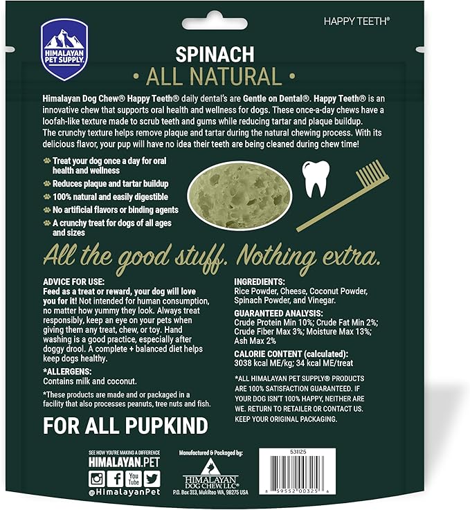 Himalayan Dog Chew Happy Teeth Spinach Dental Chews - Dog Teeth Cleaning, Dental Treats for Dogs, 100% Natural, Digestible, Removes Plaque and Tartar, Gluten, Soy, Lactose Free, 30 Day Supply