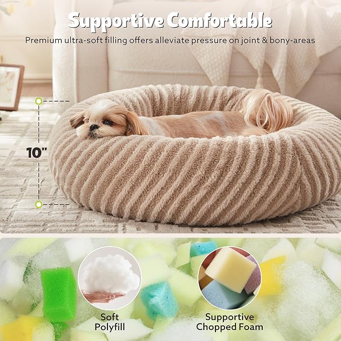 MIXJOY Dog Beds Large Sized Dogs, Washable Dogs Bed with Removable Cover, Cozy Donut Dog Ded Fluffy Plush Faux Fur Pet Bed with Anti-Slip Bottom, 36"x36"x10", Beige