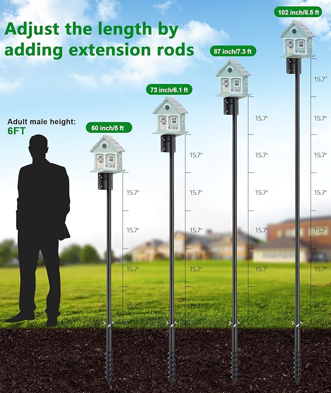 Bird House Pole, 60” Bird Feeder Pole for Outside Heavy Duty, Adjustable Birds Feeder Stand, Birdhouse Poles for Bluebird, Hummingbird