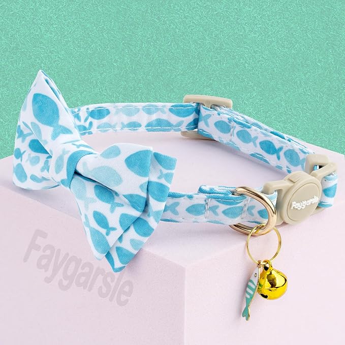 Faygarsle 2 Pack Fish Pattern Cat Collar Set with Bow Tie and Bandana, Light Blue and White, Breakaway Safety Collar with Bell