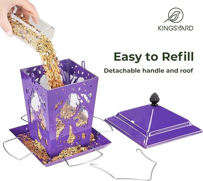 Kingsyard Metal Bird Feeder for Outdoor Hanging - Unique Design Wild Bird Hopper Feeder with 4 Perches and Rainproof Roof, Purple