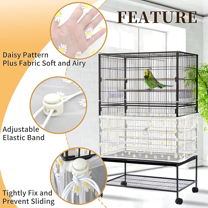 Daoeny Large Bird Cage Cover, Bird Cage Seed Catcher, Adjustable Soft Nylon Mesh Net with Daisy Pattern, Birdcage Cover Skirt Seed Guard for Parrot Parakeet Macaw Round Square Cages (White)