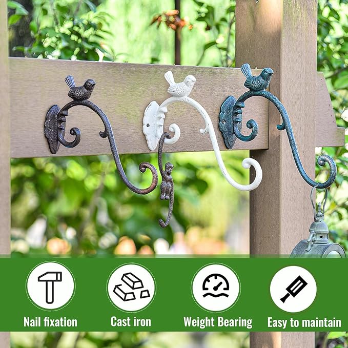 Sungmor Cast Iron Plant Hanger Wall Hooks, Heavy Duty Hanging Basket Brackets, Lovely Bird Shape & 10 inch & 2PC Brown, Decorative Wall Hangers for Planters Lanterns Bird Feeders Houses Wind Chimes