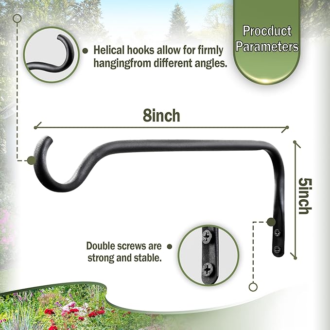 Durable Plant Hangers Brackets: 2 Pack 8 Inch Outdoor Metal Hanging Plant Brackets - Rustproof Wall Hooks for Hanging Flower Basket Bird Feeders Wind Chimes and Lanterns