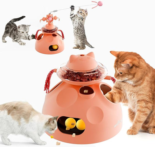 4-in-1 Cat Toys, Interactive Cat Toy with Track Balls, Fluttering Feathers, Slow Food Dispenser, Fun & Engaging Toys for Bored Indoor Cats, Durable & Safe Interactive (Pink)