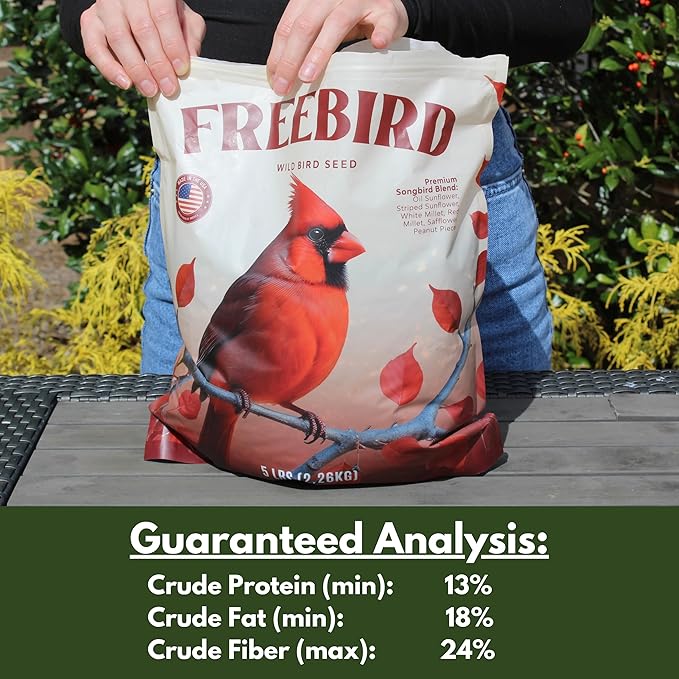 Wild Bird Seed for Outside Feeders by Freebird - Premium Songbird Blend with Sunflower, Safflower, Peanut Pieces, Red Millet and White Millet for Cardinals, Finches, and Colorful Wild Birds - 5lb Bag