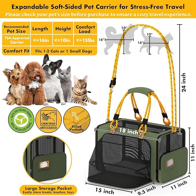 PAWZIDEA Expandable Pet Carrier Airline Approved, 18"×11"×11" Small Dog Carriers, Collapsible Top-Load Cat Carrier for 2 Cats Under Seat, Soft-Sided Puppy & Animal Travel Bag, ID Card, Up to 15lbs