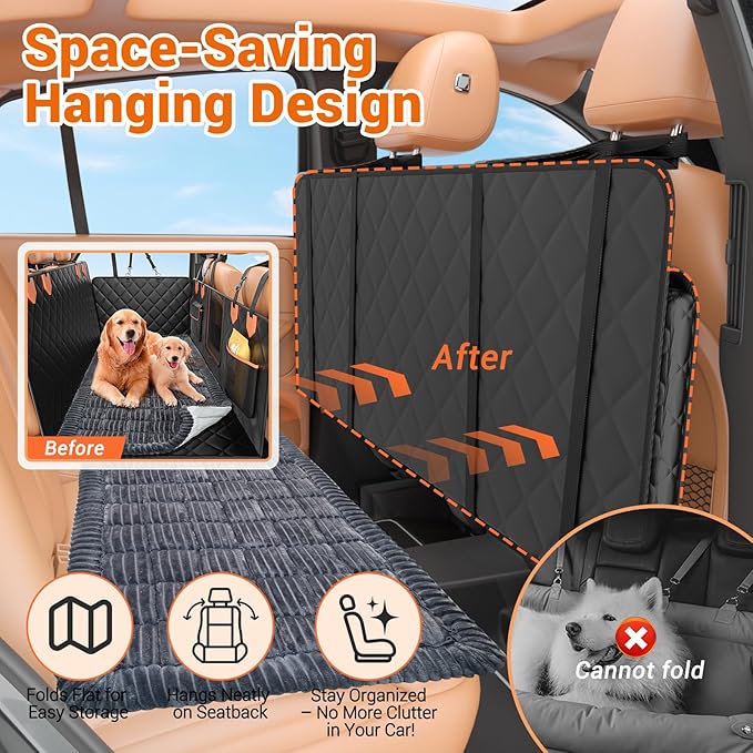 Hard Bottom Car Seat Cover for Dog swith Removable Soft Blankets,Scratch-Proof and Anti-Slip Car Dog Hammock for Large Dogs Brown for Car, SUV