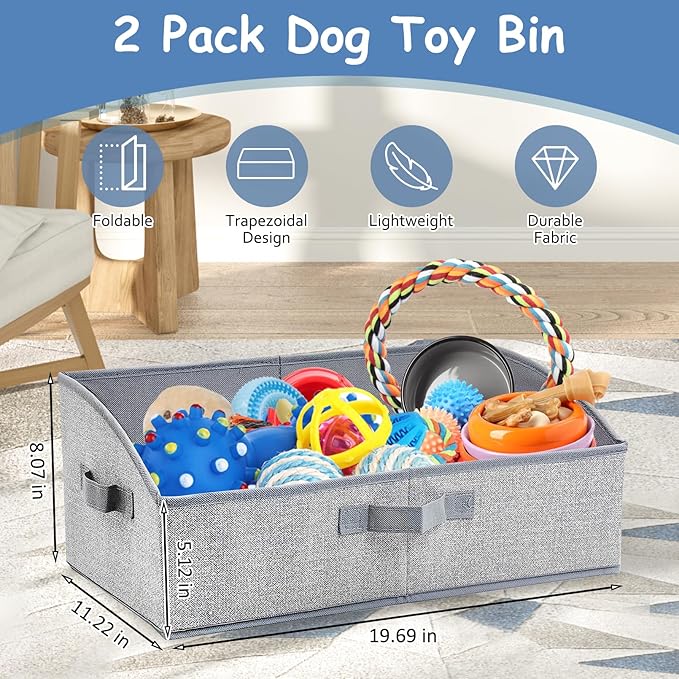 VCEPJH Dog Toy Basket Storage Box, 2 Pack Foldable Pet Toy Basket Shallow Puppy Toy Bin with Handles for Organizing Chew Toys Leashes Clothes Blankets And Accessories(Gray), TP062-2