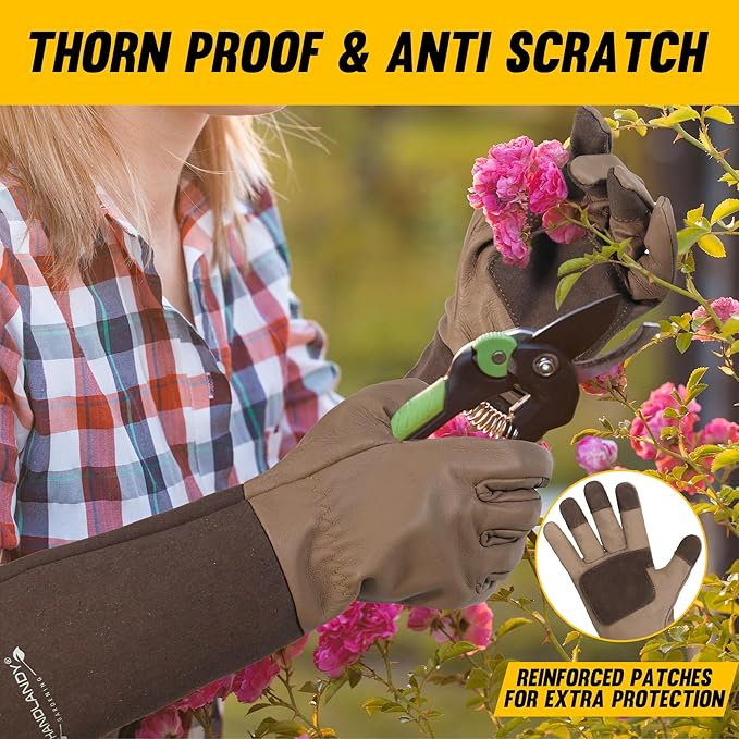 HANDLANDY Long Gardening Gloves for Men & Women, Cowhide Leather Rose Pruning Gloves- Breathable & Durable Gauntlet Glove (Small, Brown)