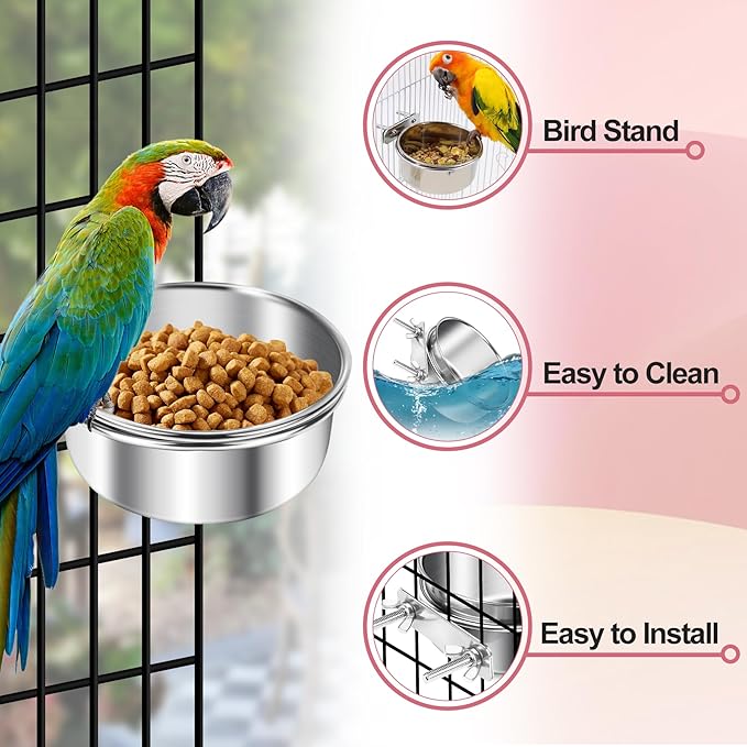ToLanbbt 4 Pcs Stainless Steel Bird Food Bowls Water with Double Screws and Clamp Holders, Parrot Feeding Dish Cups Parrot Cage Coop Feeders for Cockatiel Conure Budgie Parakeet Macaw Small Animal, M