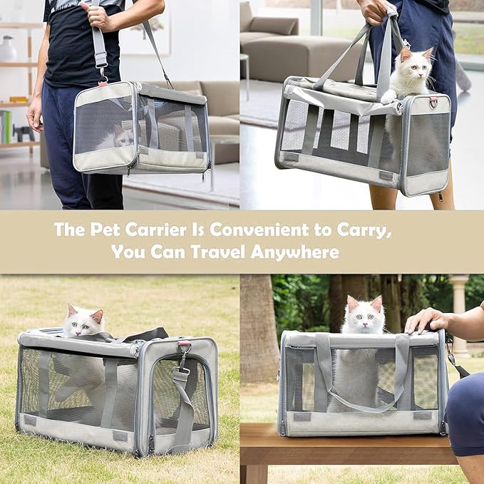 Pet Carrier for Large Cat Soft-Sided Animal Traveling Bag for Medium Cat up to 20lbs / Washable Small Dog Puppy 10 lbs Crate Case with Privacy Curtains for Home Outdoor Travel Beige White