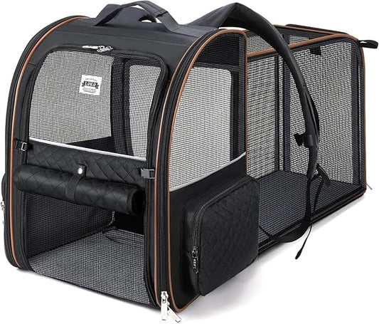 Lekebobor Large Cat Backpack Carrier Expandable Pet Carrier Backpack for Small Dogs Medium Cats Fit Up to 18 Lbs, Dog Backpack Carrier, Foldable Puppy Backpack Carrier for Travel,Quilted Black