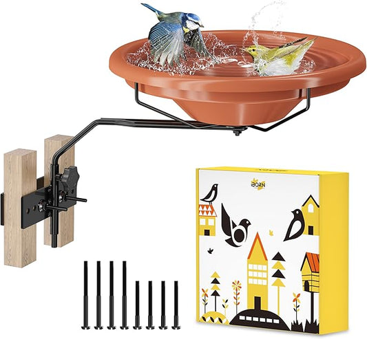 iBorn Bird Bath for Outside，Fence Mounted Bird Bath，Bird Baths for Outdoors, 12in BPA-Free Bowl，360°Swivel & Adjustable Height Bracket，Detachable Bird Bath for Fence Railing, Pack of 1