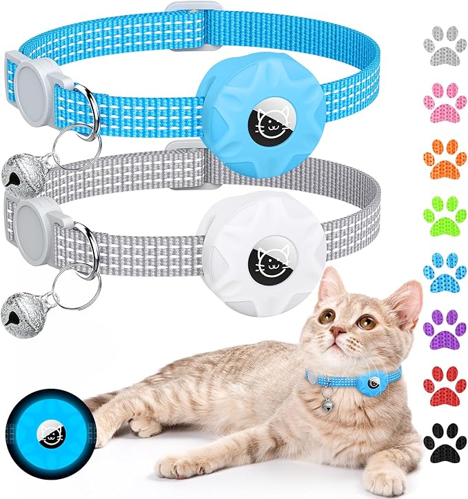 Apple AirTag Cat Collar, GPS Tracker with Reflective Breakaway Design, Lightweight Kitten Collar with Bell (Gray/Luminous Blue)
