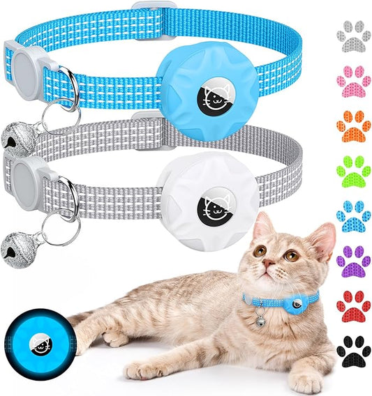 Apple AirTag Cat Collar, GPS Tracker with Reflective Breakaway Design, Lightweight Kitten Collar with Bell (Gray/Luminous Blue)