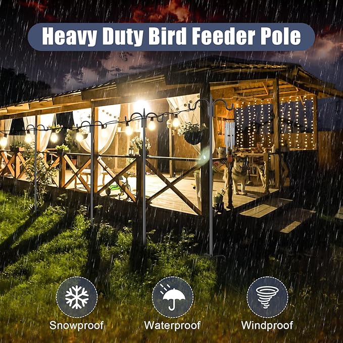 Gtongoko Bird Feeder Pole Squirrel Proof, 108 Inch Double Shepherds Hook for Outdoor with Squirrel Baffles Adjustable Heavy Duty with 5 Prongs Base for Hanging Plants, Bird Feeders, Black