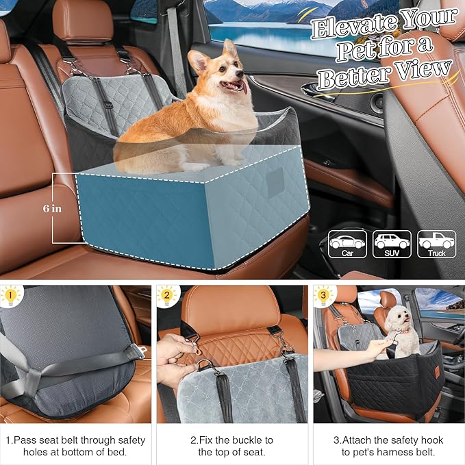 Dog Car Seat for Small Medium Dogs,Detachable Washable Dog Booster Seat Under 35lbs, Pet Car Seat Travel Bed with Storage Pockets and Safety Belt (Black/Grey, Medium)