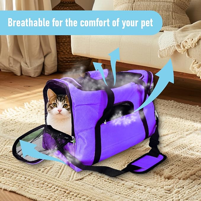 Expandable Cat Carrier for Travel, Soft-Sided Pet Carrier for Cats and Small Dogs, Airline Approved, Comfortable & Breathable Cat Carrying Bag with Adjustable Strap for Daily Use & Airplane(Purple)