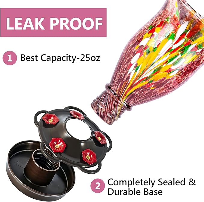 LUJII Bloom Shaped Hummingbird Feeders for Outdoors, Hand Blown Glass Humming Bird Feeder for Outside Hanging, Leak Proof & Metal Base Top, 25 fl.oz Capacity, Gifts for Bird Lovers, Purple