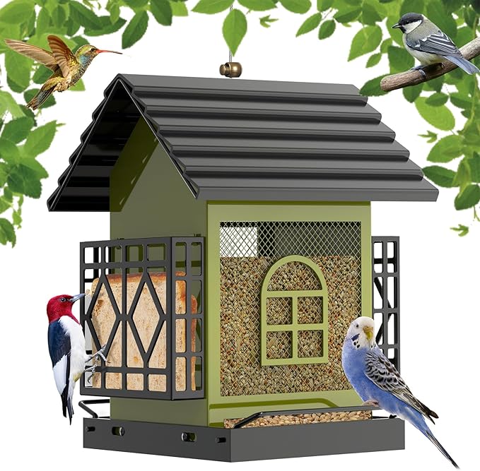 Bird Feeder, Squirrel Proof Outdoor & Hanging Wild Bird Feeders, Large Capacity Metal Bird Feeder with Weatherproof Roof, Attracts Cardinals, Finches, Blue Jays (Green)