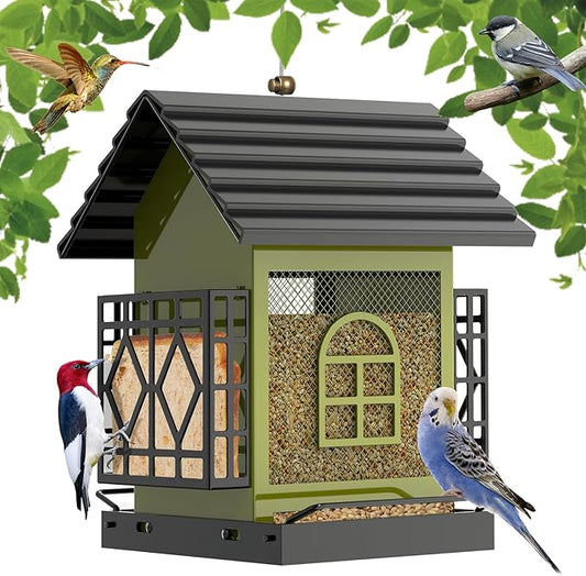 Bird Feeder, Squirrel Proof Outdoor & Hanging Wild Bird Feeders, Large Capacity Metal Bird Feeder with Weatherproof Roof, Attracts Cardinals, Finches, Blue Jays (Green)