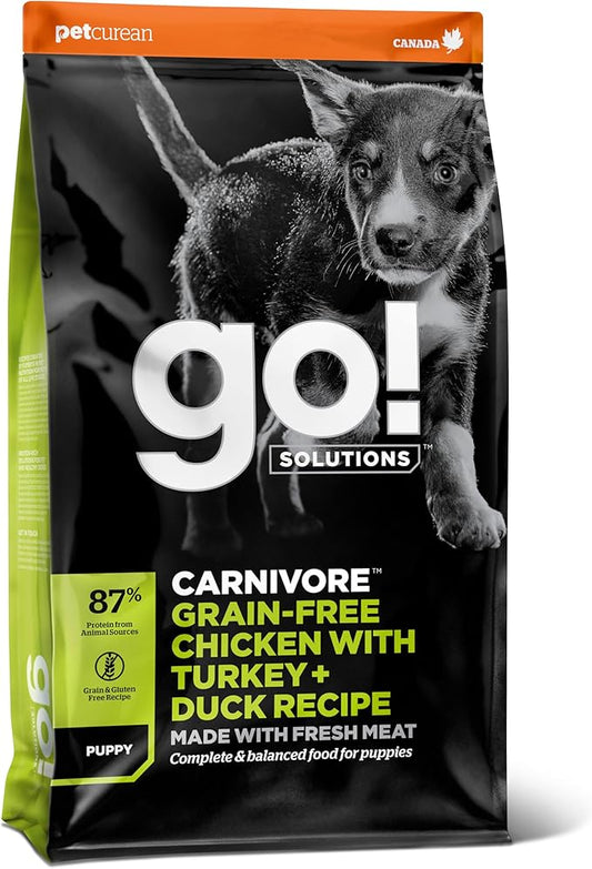 Go! Solutions Carnivore, Grain-Free, Protein Rich Dry Dog Food, Chicken, Turkey and Duck Puppy Recipe, Small Kibble, 22 lb Bag