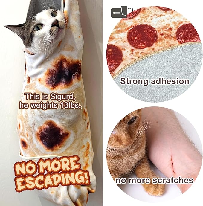 Cat Wrap for Cutting Nails, Tortilla Blanket Pet Supplies Cat Washing Bag, Burrito Blanket Cat Restraint for Nail Clipping, Multifunctional Pet Tool Gifts for Cat Lovers (L (within 14lbs), Pizza)