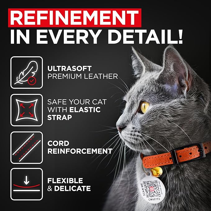 Leather Cat Collar with Bell and Safety Elastic Strap Breakaway Alternative for Small & Large Kittens, Stylish Pet Leather Collar for Boy, Girl Cats with Metal Buckle & QR ID Tag (Orange)
