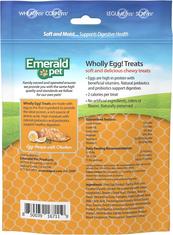 Emerald Pet Wholly Egg Digestive Health Cat Treats - Soft and Moist cat Treats for Healthy Digestion - Natural Prebiotics and Probiotics for cat Digestion - Chicken Treats, 2.5 oz