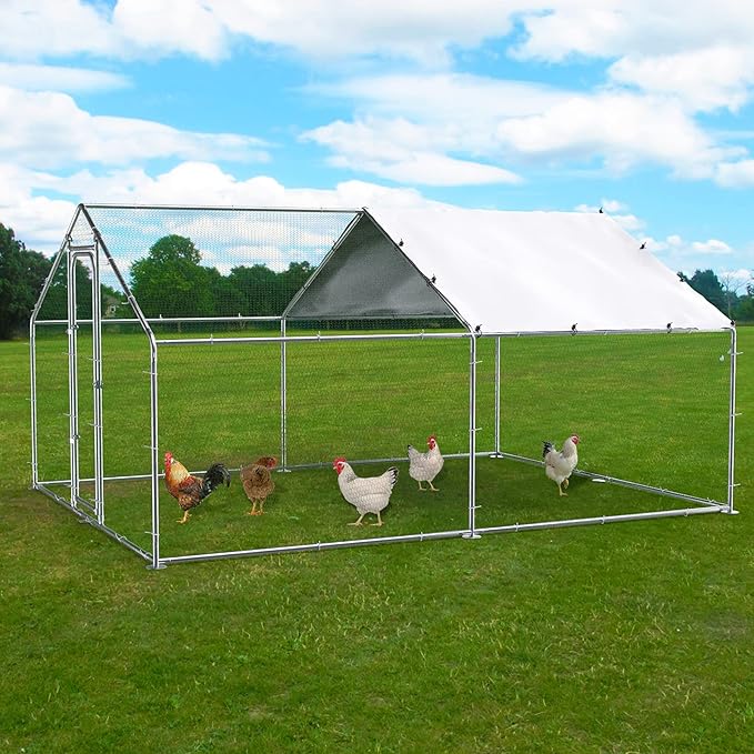 LEMBERI Metal Chicken Runs for Yard, Spire-roof Large Walk in Chicken coop cage for Outside,Galvanized Rabbits Duck Run and coops,Chicken Pen with Waterproof Cover for Outdoor,Backyard and Farm
