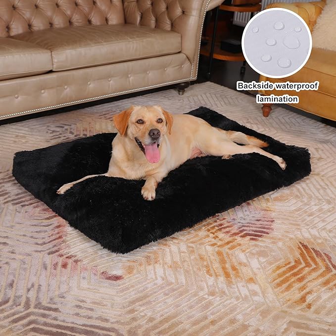 Bedfolks Waterproof Crate Bed, Plush Dog Crate Pad with Removable Cover, Faux Fur Dog Kennel Bed, 41"x27", Black