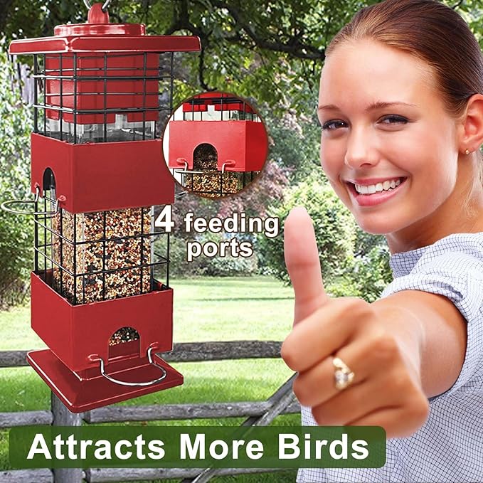 Squirrel Proof Bird Feeder, Metal Bird Feeders for Outdoors, 3 Lbs Birdfeeder Outside Hanging, Weight Activated Spring, 4 Feeding Ports, Cardinals, Finches and Sparrows, Wild Birds (Red)